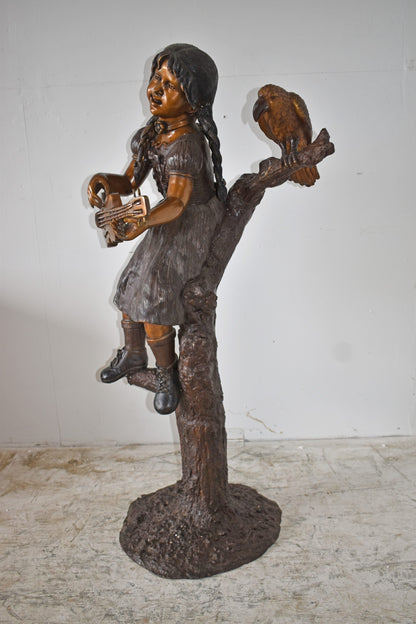 Girl on a Tree Playing the Ukulele with a Parrot Bronze Statue 25" x 23" x 50"H