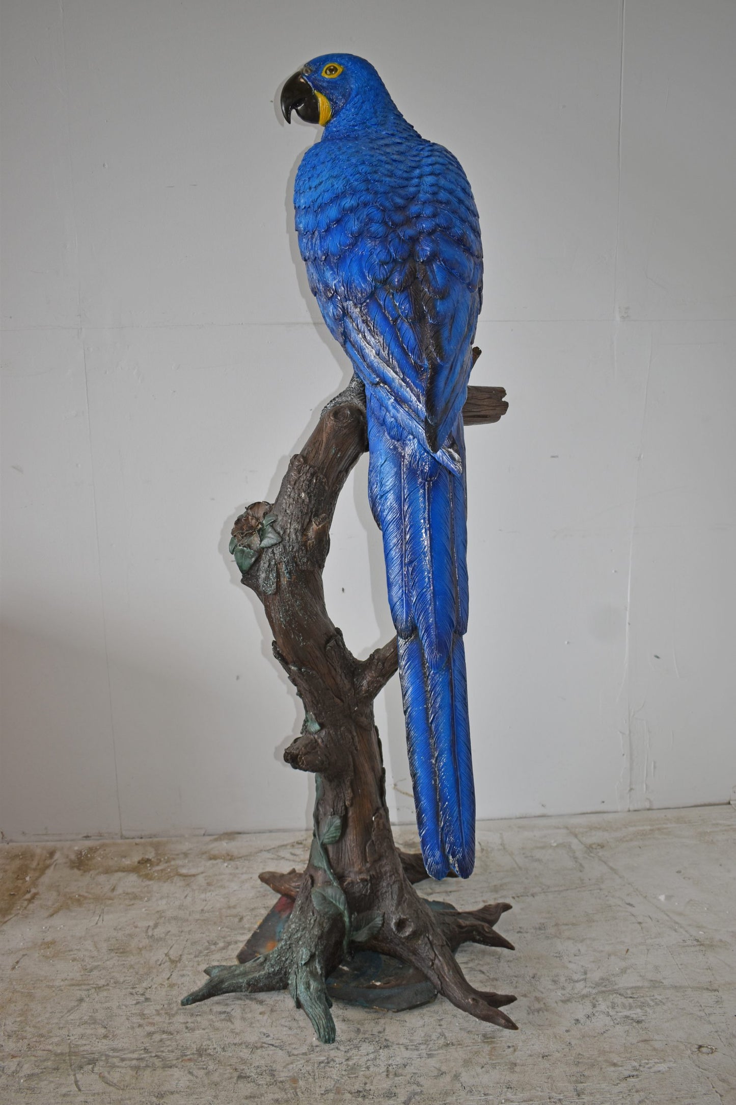 Single Hyacinth Macaw Blue Parrot on a tree Bronze Statue Size: 30" x 24" x 66"H