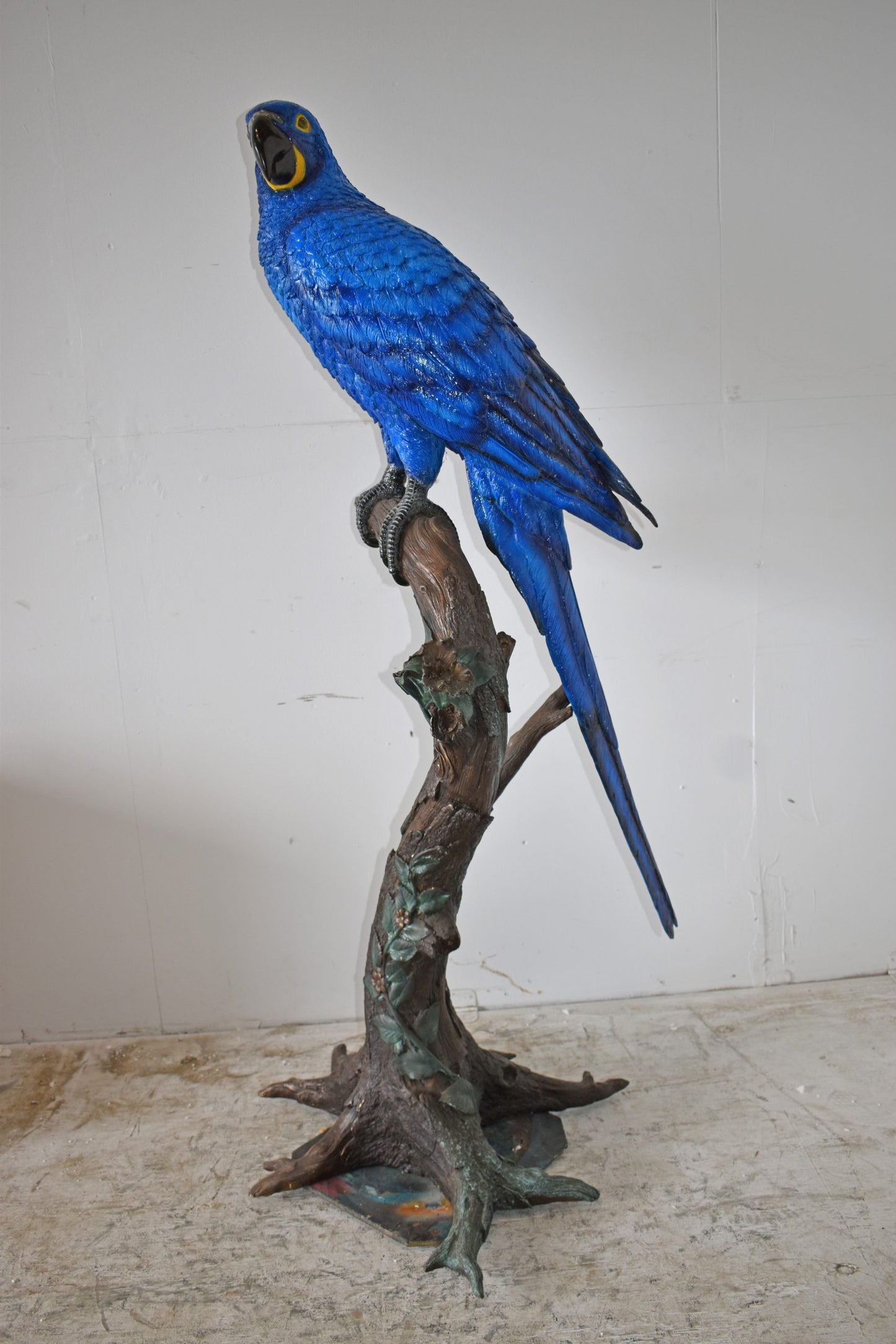 Single Hyacinth Macaw Blue Parrot on a tree Bronze Statue Size: 30" x 24" x 66"H