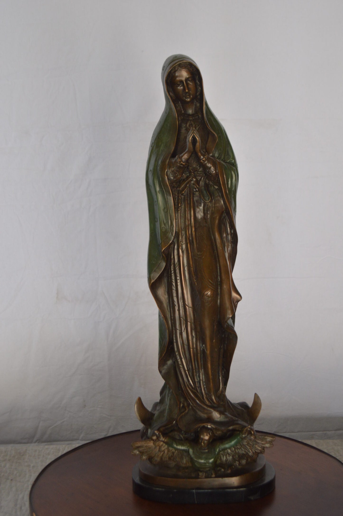 Lady of Guadalupe Bronze Statue on a Marble Base -  Size: 10"L x 6"W x 31"H.