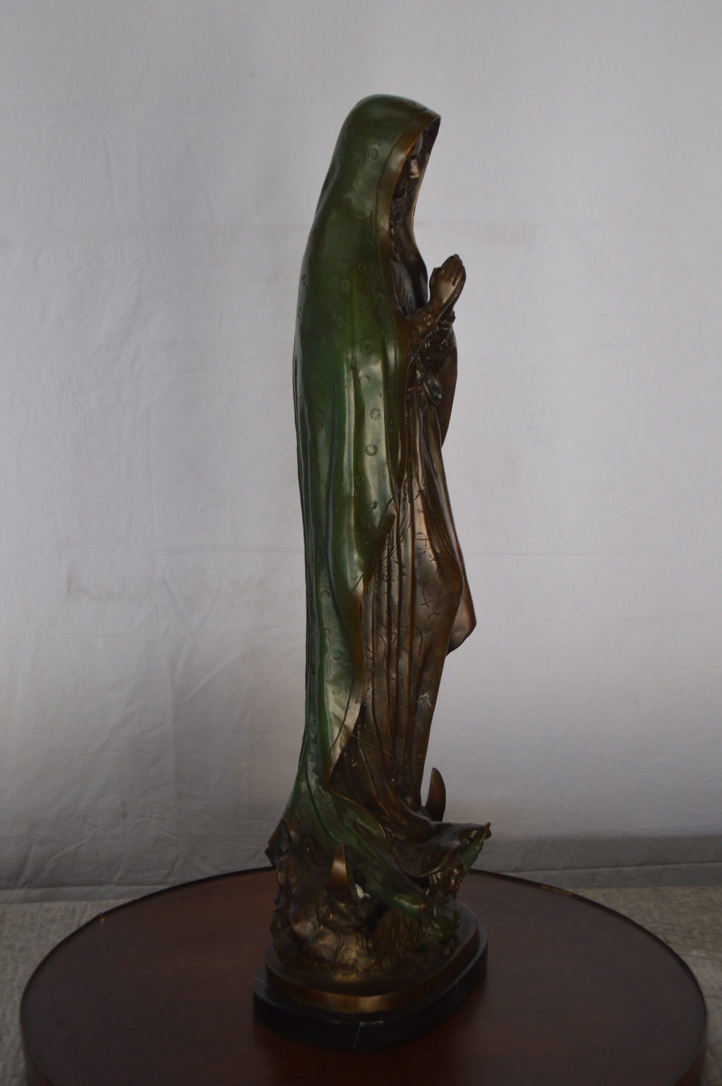 Lady of Guadalupe Bronze Statue on a Marble Base -  Size: 10"L x 6"W x 31"H.