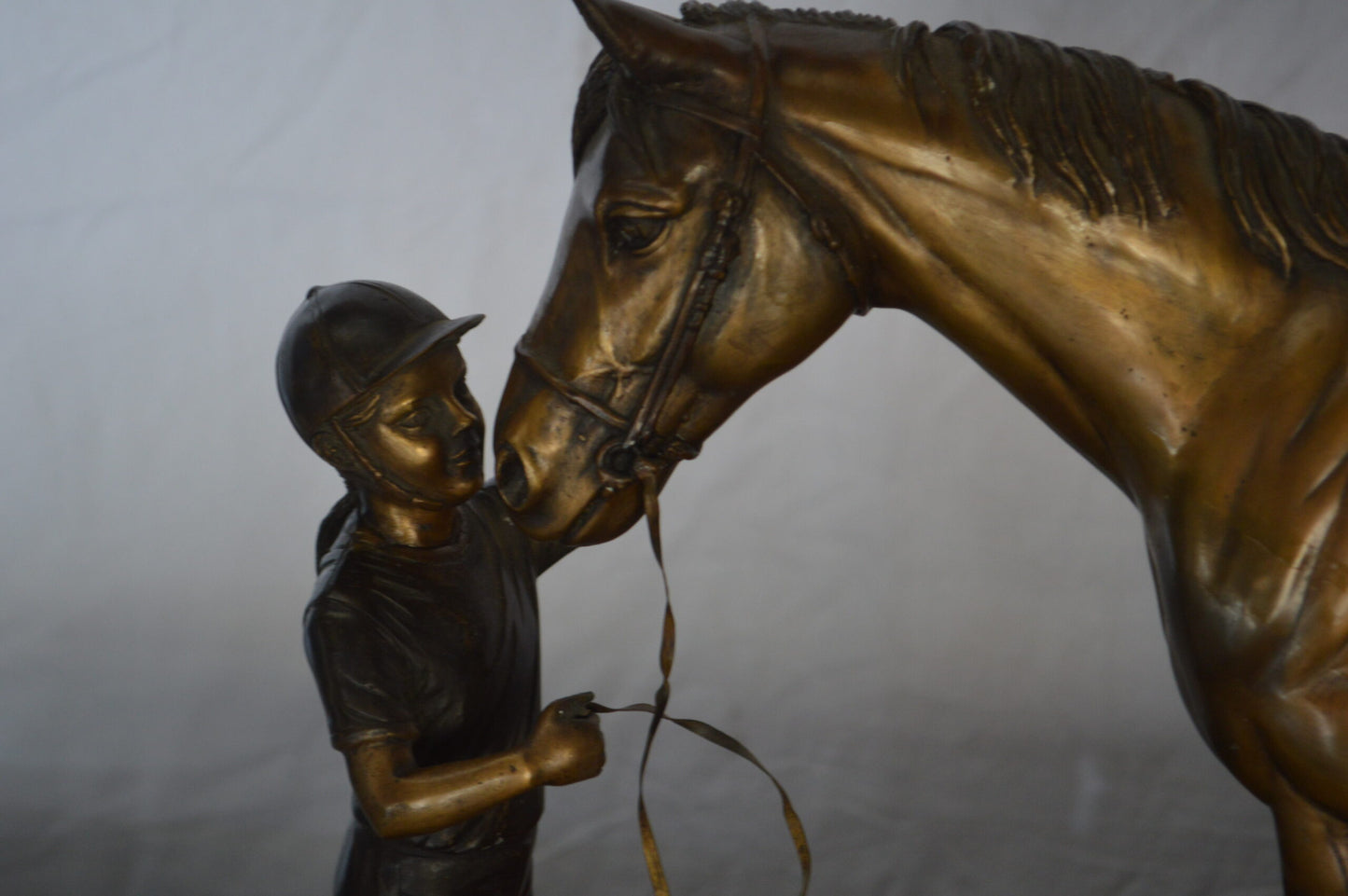 Girl Kisses Her Horse Bronze Statue on Marble Base -  Size: 23"L x 6"W x 15"H.