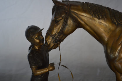 Girl Kisses Her Horse Bronze Statue on Marble Base -  Size: 23"L x 6"W x 15"H.
