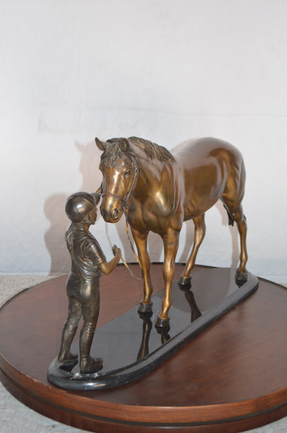 Girl Kisses Her Horse Bronze Statue on Marble Base -  Size: 23"L x 6"W x 15"H.