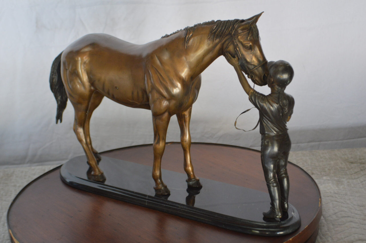 Girl Kisses Her Horse Bronze Statue on Marble Base -  Size: 23"L x 6"W x 15"H.