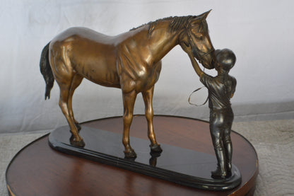 Girl Kisses Her Horse Bronze Statue on Marble Base -  Size: 23"L x 6"W x 15"H.