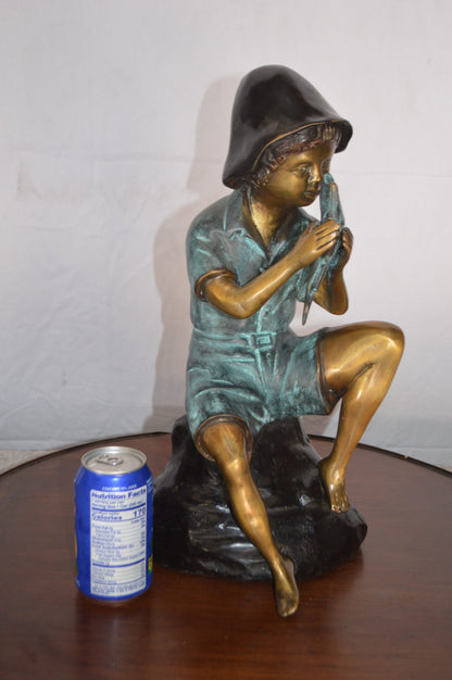 Boy Holding a Fish Bronze Statue Fountain -  Size: 8"L x 9"W x 18"H.