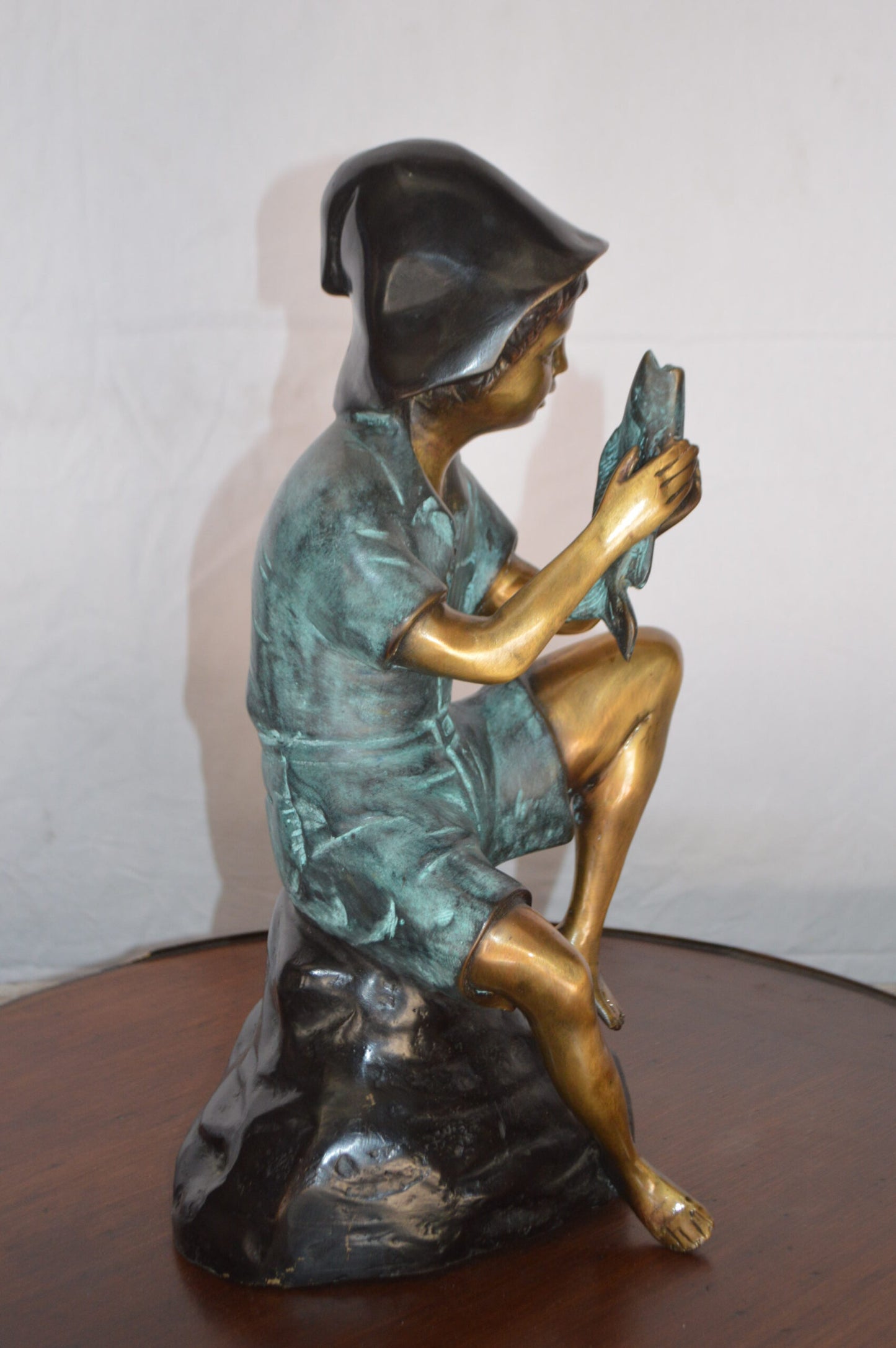 Boy Holding a Fish Bronze Statue Fountain -  Size: 8"L x 9"W x 18"H.