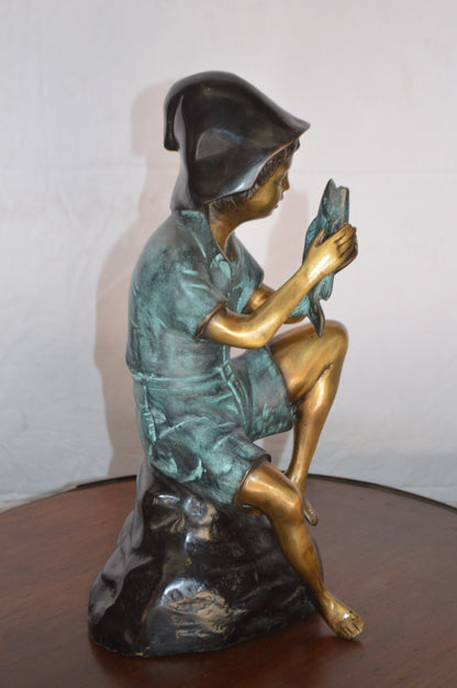 Boy Holding a Fish Bronze Statue Fountain -  Size: 8"L x 9"W x 18"H.