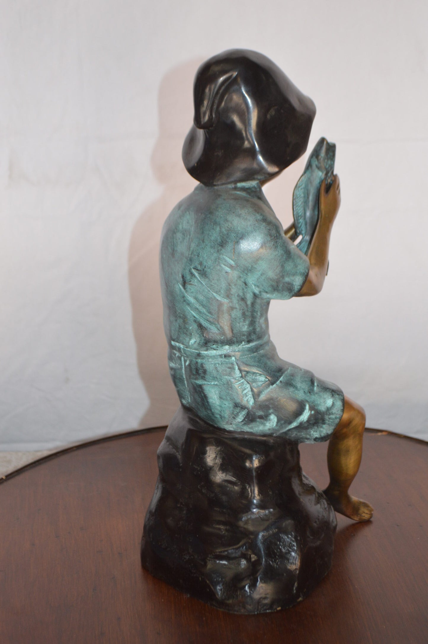 Boy Holding a Fish Bronze Statue Fountain -  Size: 8"L x 9"W x 18"H.