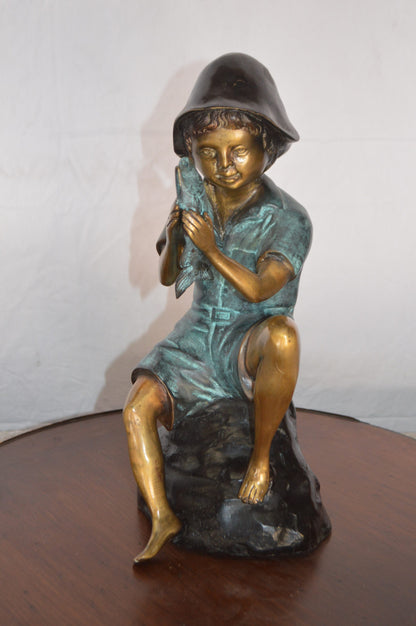 Boy Holding a Fish Bronze Statue Fountain -  Size: 8"L x 9"W x 18"H.