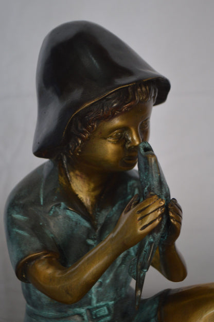 Boy Holding a Fish Bronze Statue Fountain -  Size: 8"L x 9"W x 18"H.