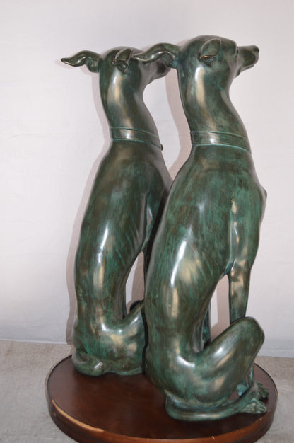 Pair of Greyhound dogs sitting Bronze Statue -  Size: 12"L x 12"W x 35"H.