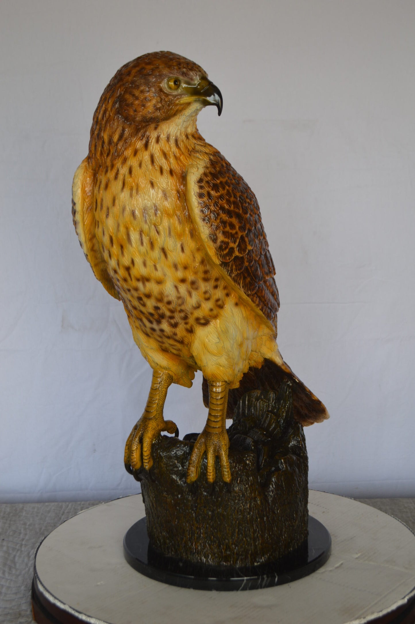 Hawk Bronze Statue standing on Stump on Marble -  Size: 12"L x 15"W x 29"H.