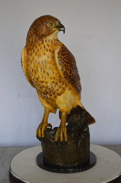Hawk Bronze Statue standing on Stump on Marble -  Size: 12"L x 15"W x 29"H.