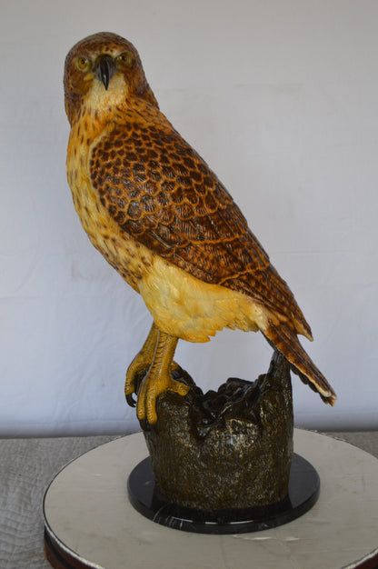 Hawk Bronze Statue standing on Stump on Marble -  Size: 12"L x 15"W x 29"H.