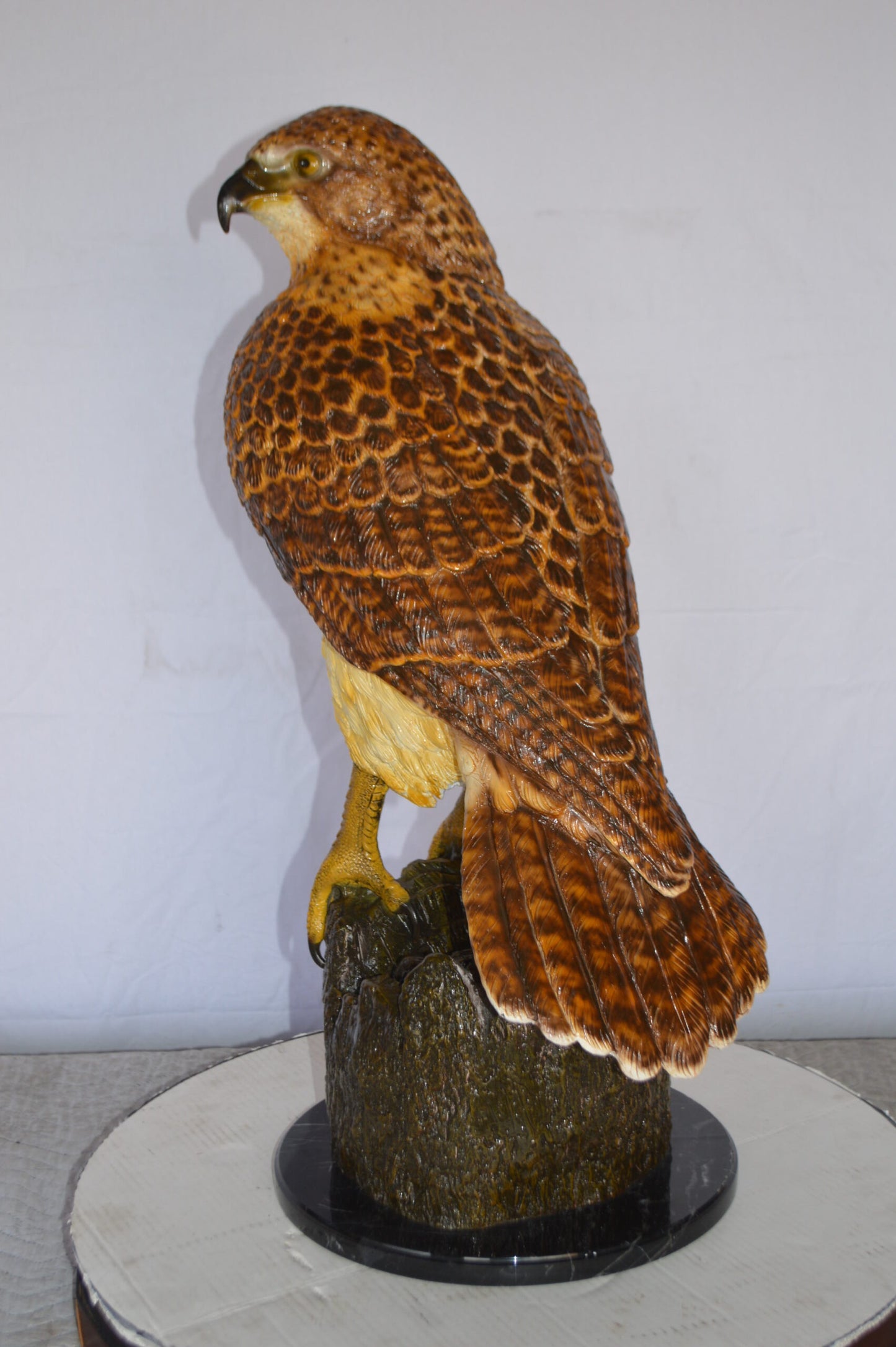 Hawk Bronze Statue standing on Stump on Marble -  Size: 12"L x 15"W x 29"H.