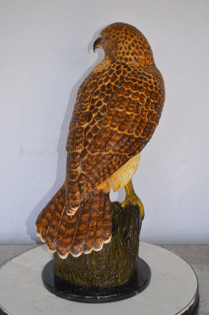 Hawk Bronze Statue standing on Stump on Marble -  Size: 12"L x 15"W x 29"H.
