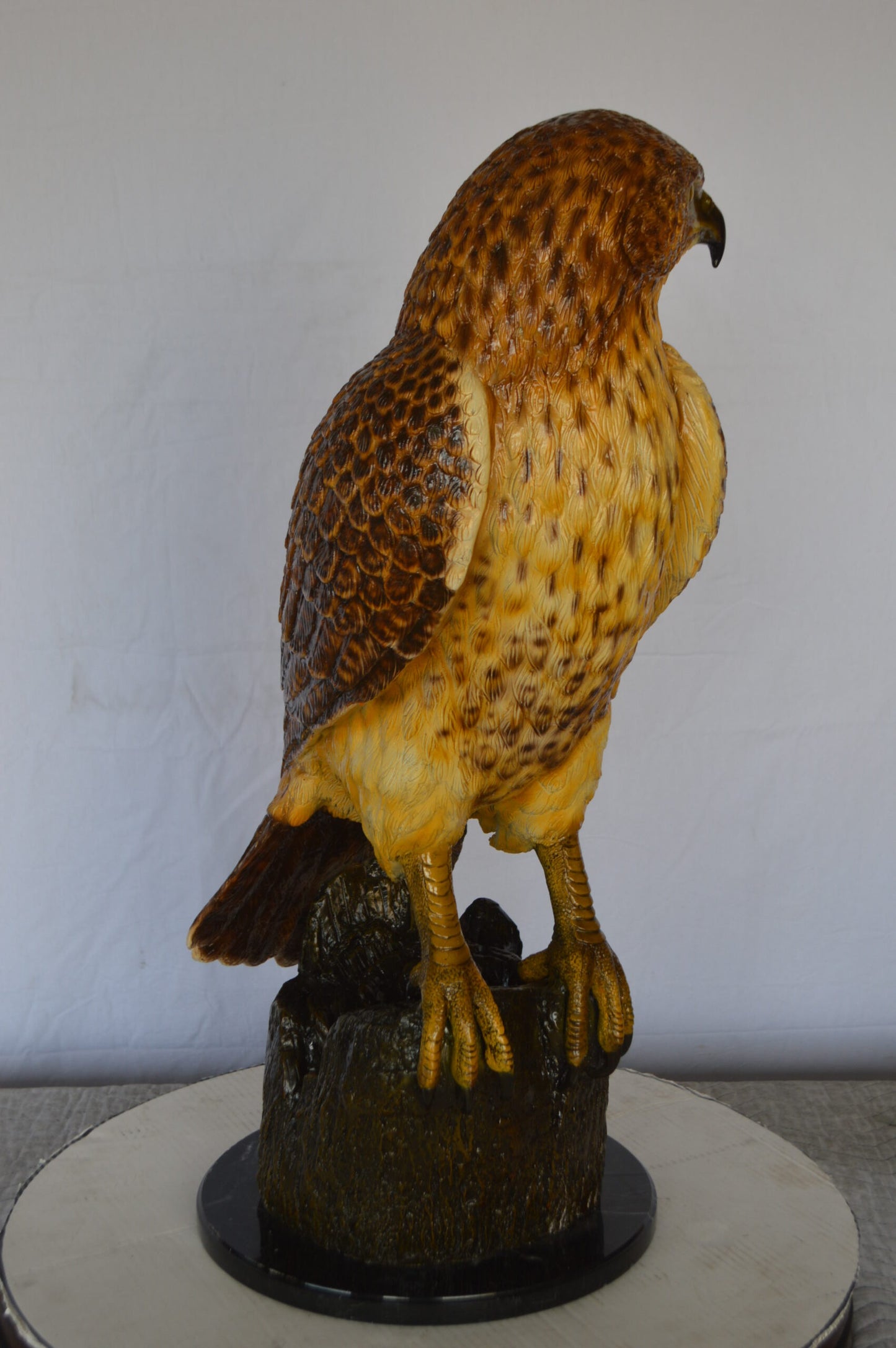 Hawk Bronze Statue standing on Stump on Marble -  Size: 12"L x 15"W x 29"H.
