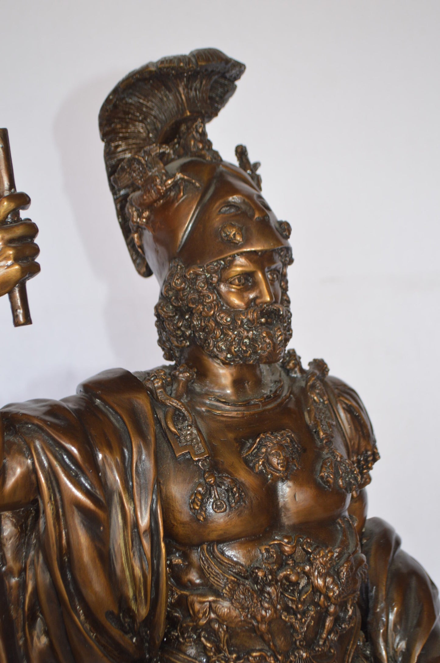 Mars Ultor Bronze Statue Mounted on a Marble Base -  Size: 14"L x 11"W x 34"H.