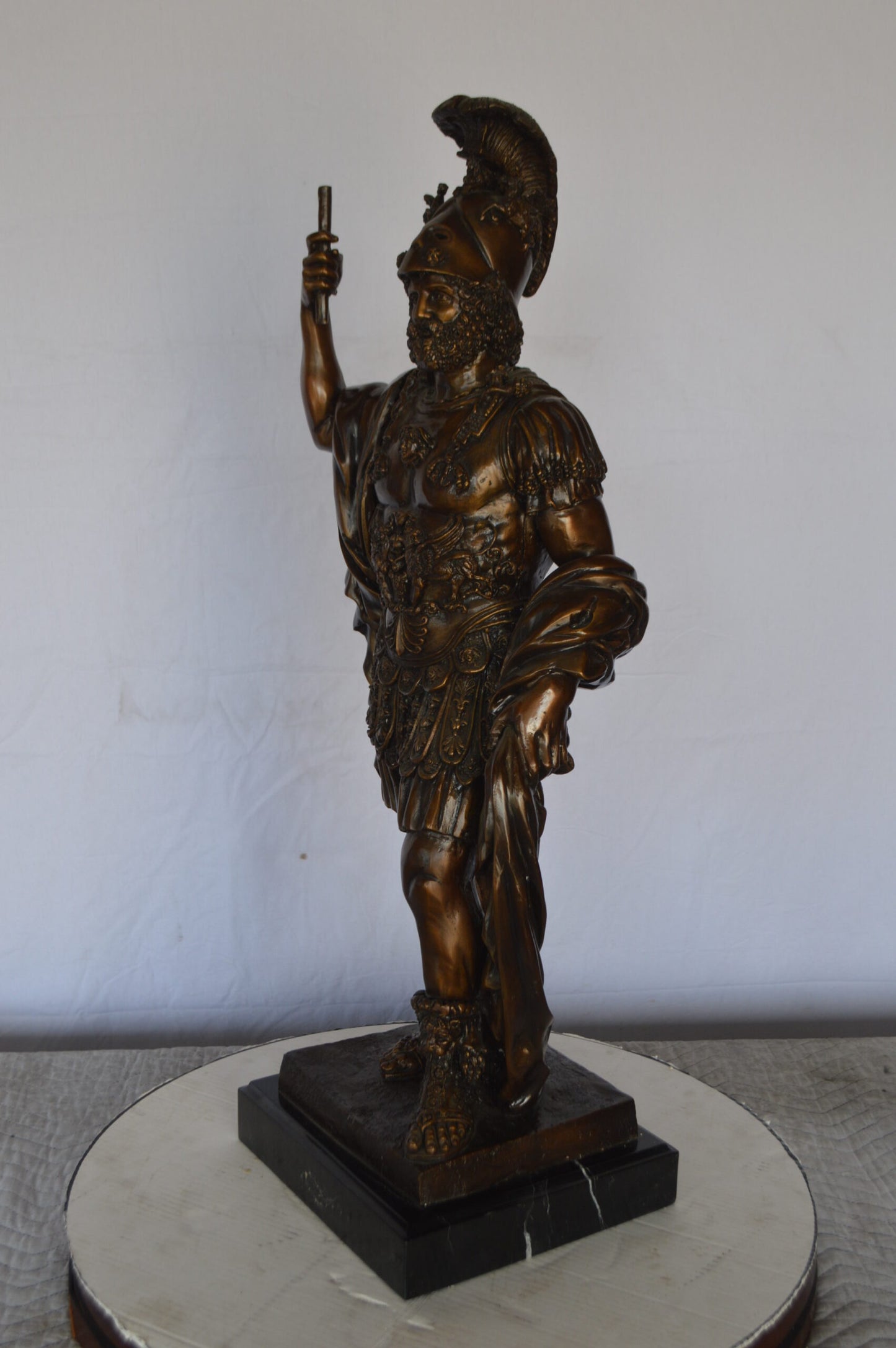 Mars Ultor Bronze Statue Mounted on a Marble Base -  Size: 14"L x 11"W x 34"H.