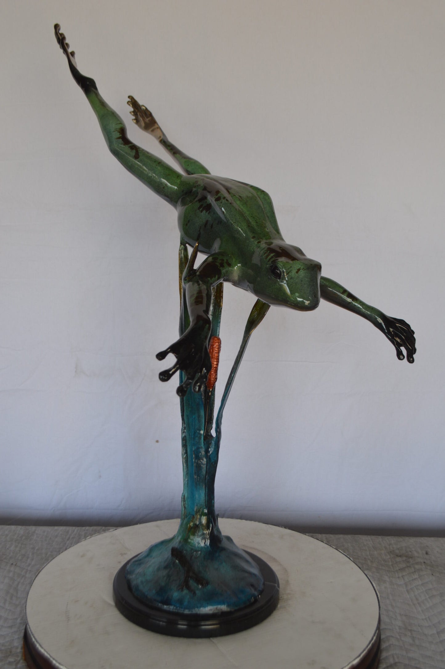 Large Frog Jumping Down Bronze Statue on a  Marble -  Size: 29"L x 21"W x 40"H.