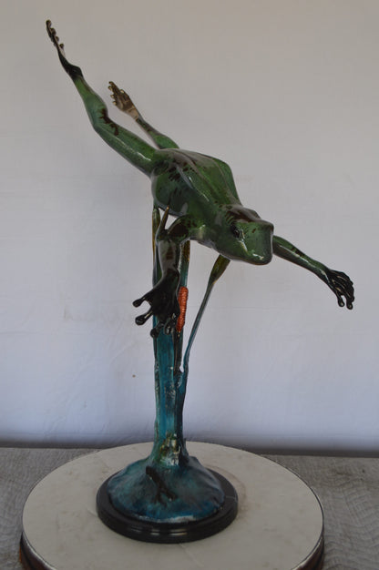 Large Frog Jumping Down Bronze Statue on a  Marble -  Size: 29"L x 21"W x 40"H.