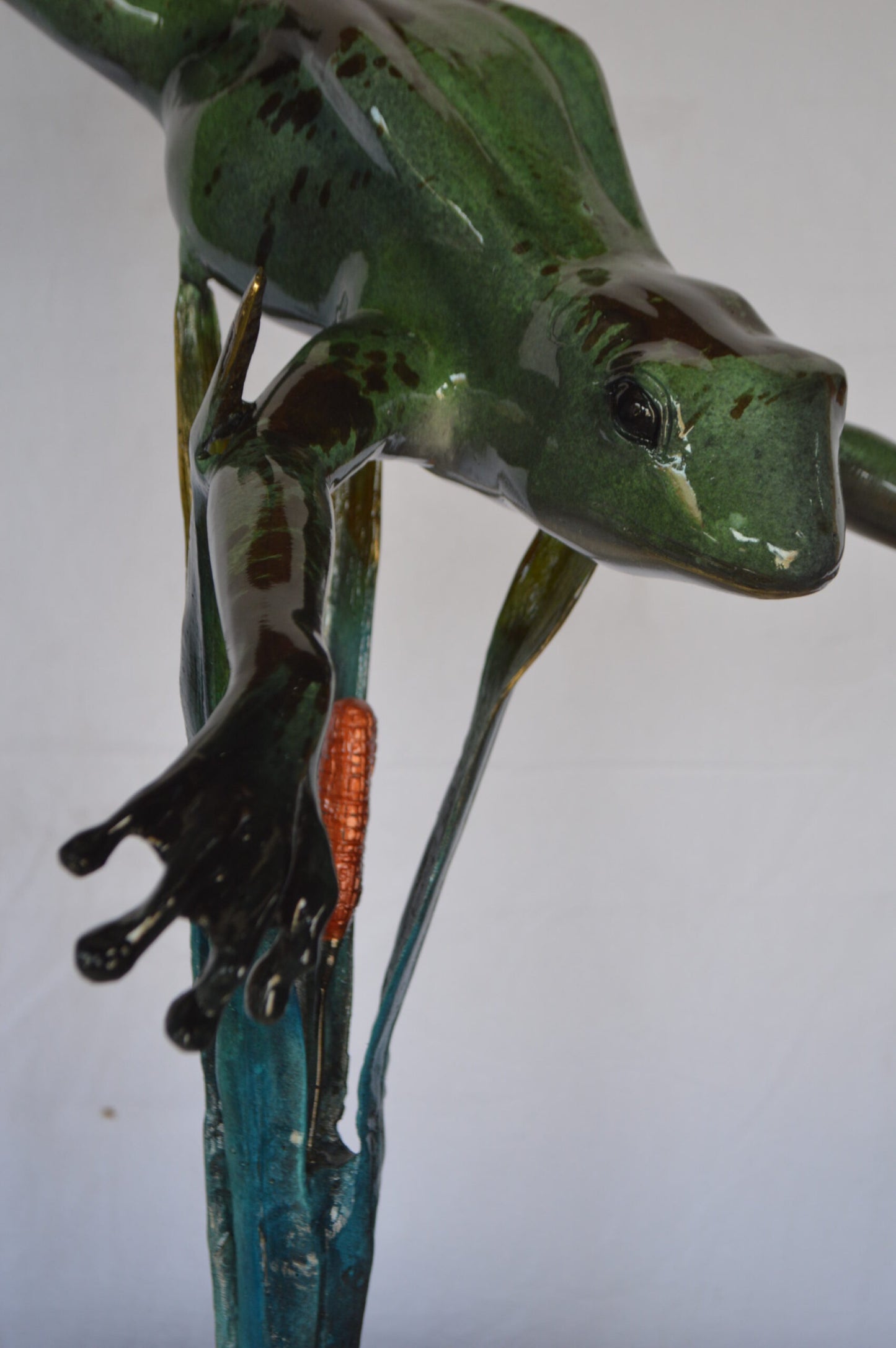 Large Frog Jumping Down Bronze Statue on a  Marble -  Size: 29"L x 21"W x 40"H.