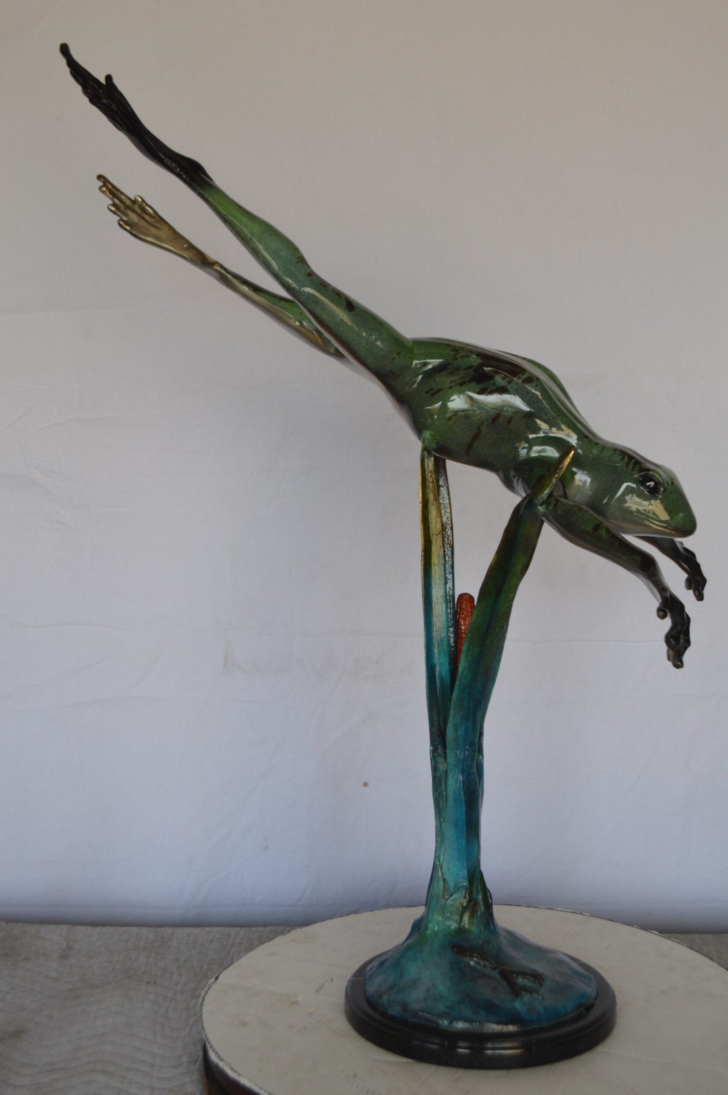 Large Frog Jumping Down Bronze Statue on a  Marble -  Size: 29"L x 21"W x 40"H.