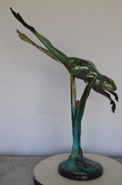 Large Frog Jumping Down Bronze Statue on a  Marble -  Size: 29"L x 21"W x 40"H.