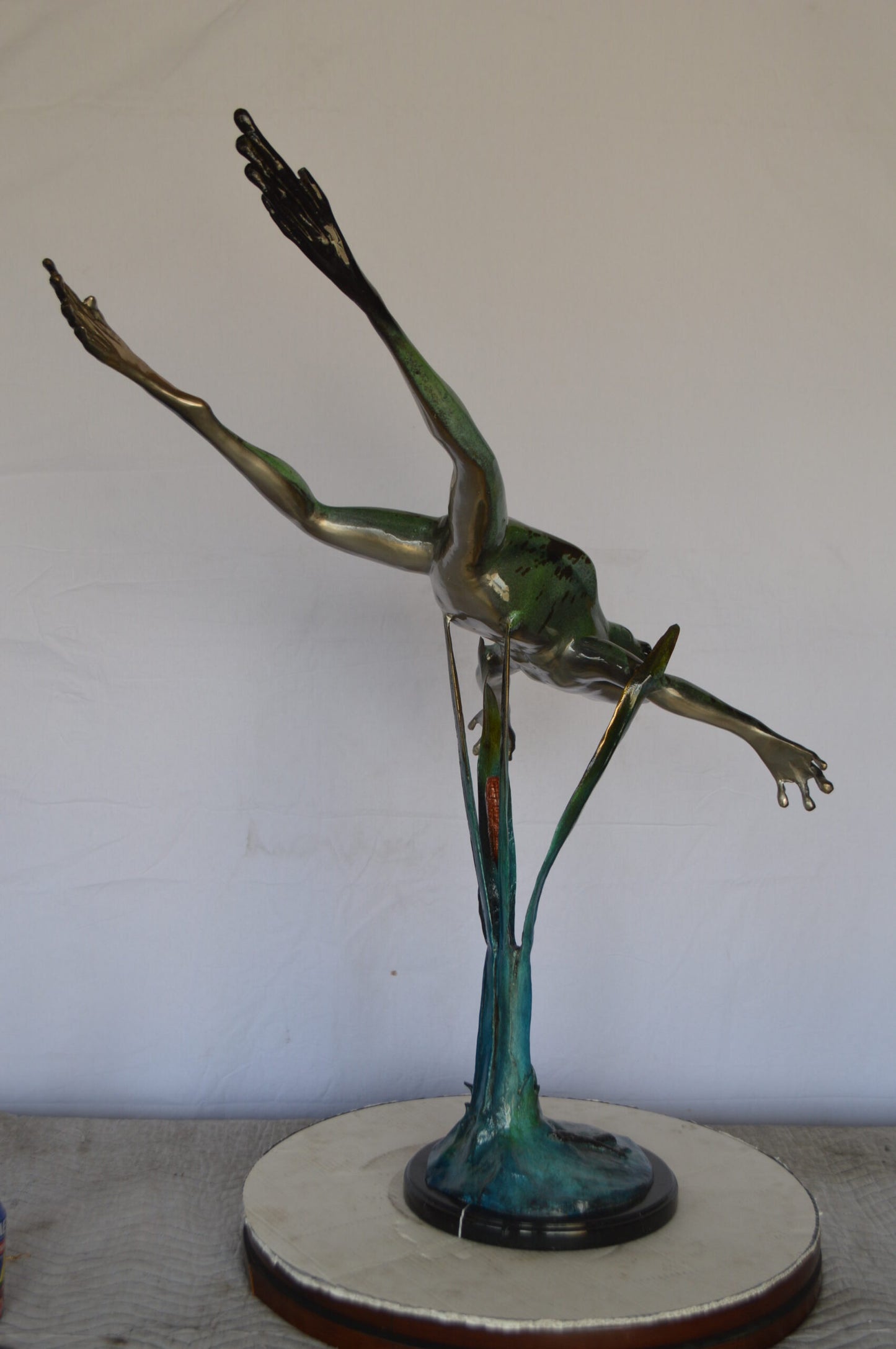 Large Frog Jumping Down Bronze Statue on a  Marble -  Size: 29"L x 21"W x 40"H.