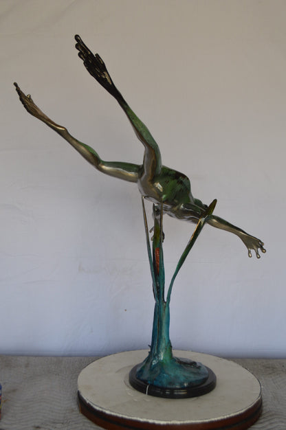 Large Frog Jumping Down Bronze Statue on a  Marble -  Size: 29"L x 21"W x 40"H.