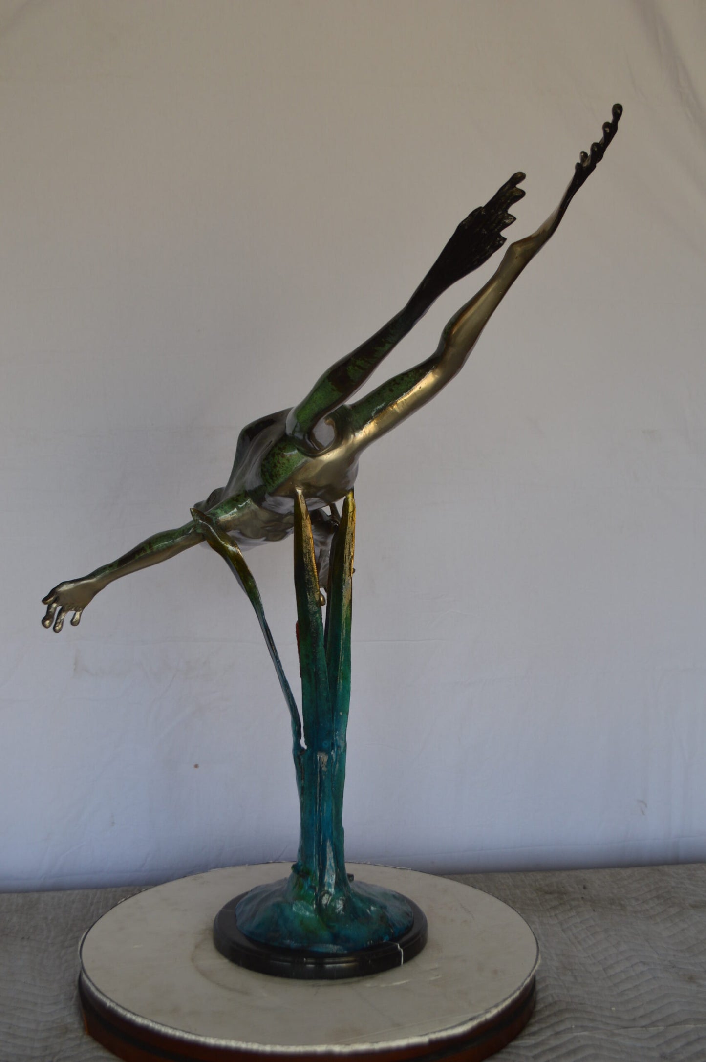 Large Frog Jumping Down Bronze Statue on a  Marble -  Size: 29"L x 21"W x 40"H.