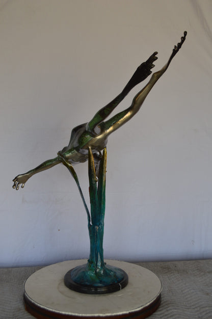 Large Frog Jumping Down Bronze Statue on a  Marble -  Size: 29"L x 21"W x 40"H.