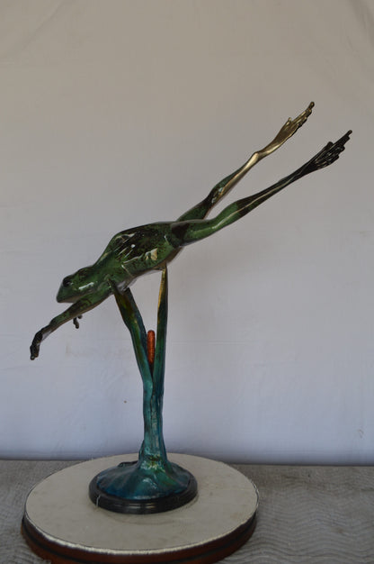 Large Frog Jumping Down Bronze Statue on a  Marble -  Size: 29"L x 21"W x 40"H.