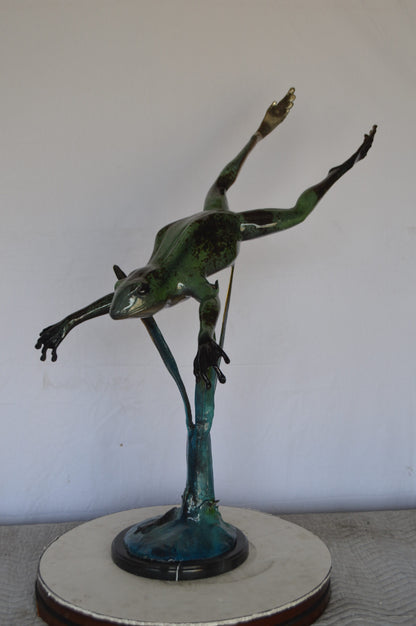 Large Frog Jumping Down Bronze Statue on a  Marble -  Size: 29"L x 21"W x 40"H.