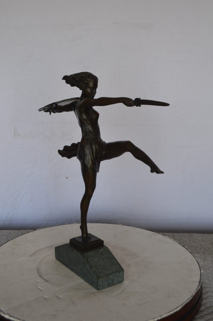 Woman Fighter with Sword Bronze Statue -  Size: 19"L x 5"W x 20"H.