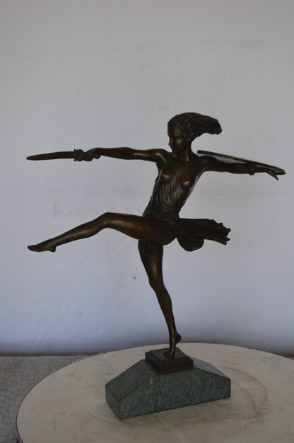 Woman Fighter with Sword Bronze Statue -  Size: 19"L x 5"W x 20"H.
