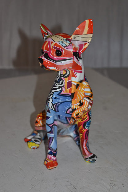 Modern Art Graffiti Sitting Chihuahua Statue Made of Resin Size: 8" x 5" x 10"H