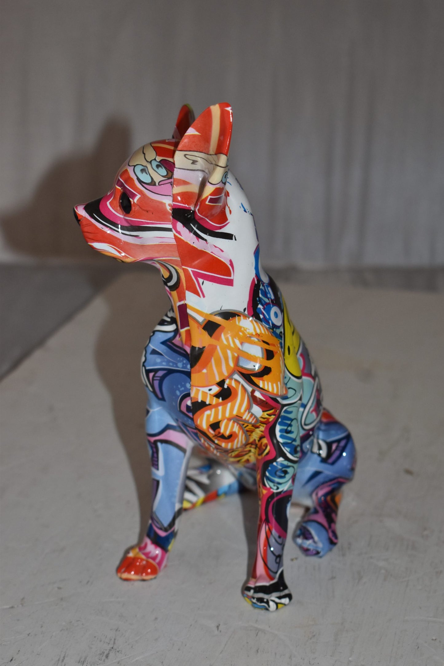 Modern Art Graffiti Sitting Chihuahua Statue Made of Resin Size: 8" x 5" x 10"H