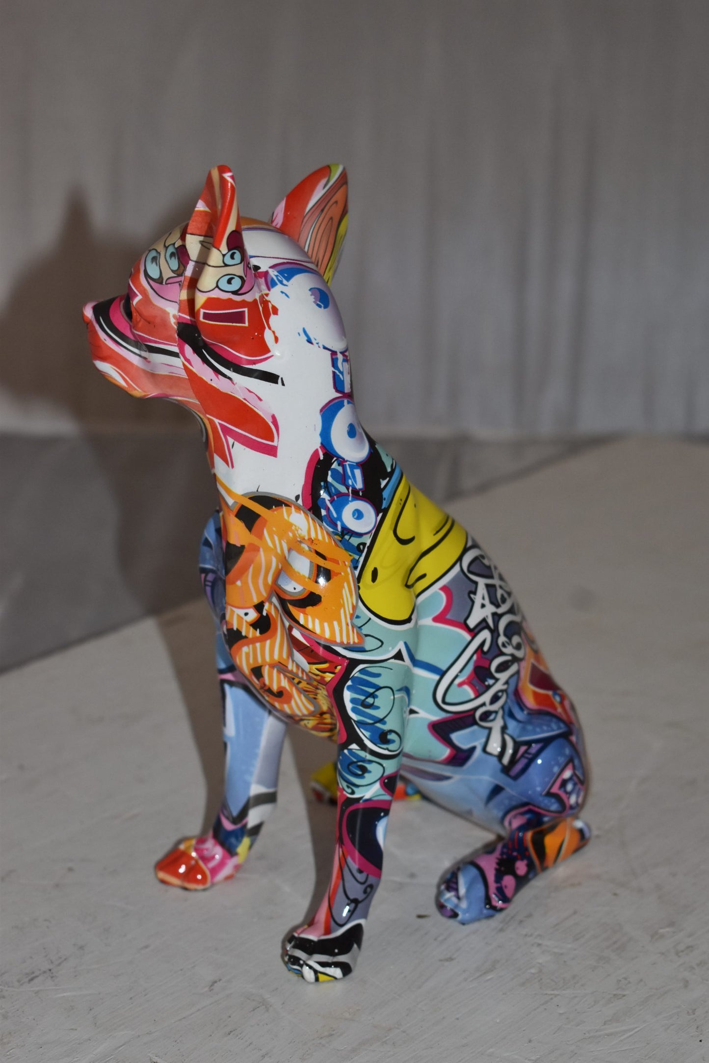 Modern Art Graffiti Sitting Chihuahua Statue Made of Resin Size: 8" x 5" x 10"H