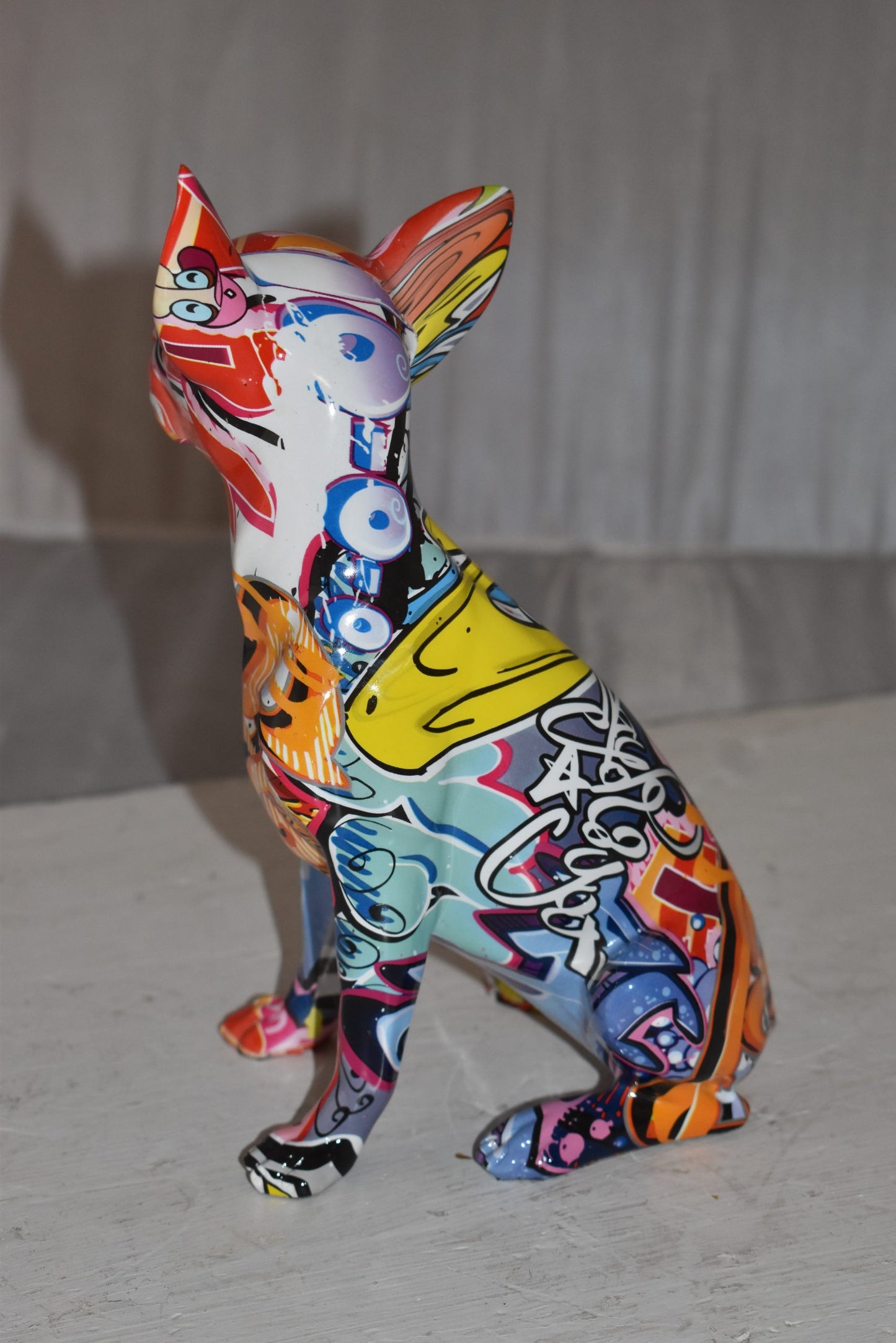 Modern Art Graffiti Sitting Chihuahua Statue Made of Resin Size: 8" x 5" x 10"H