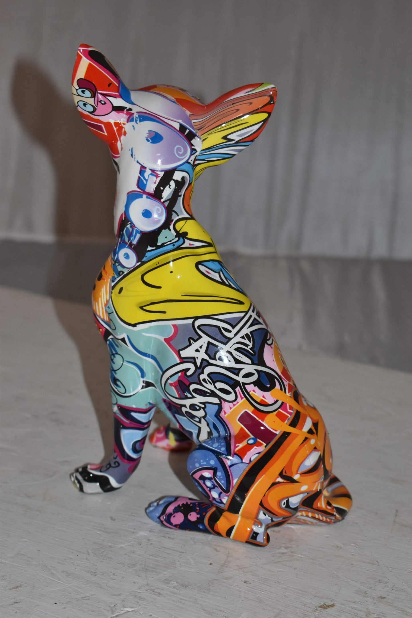 Modern Art Graffiti Sitting Chihuahua Statue Made of Resin Size: 8" x 5" x 10"H