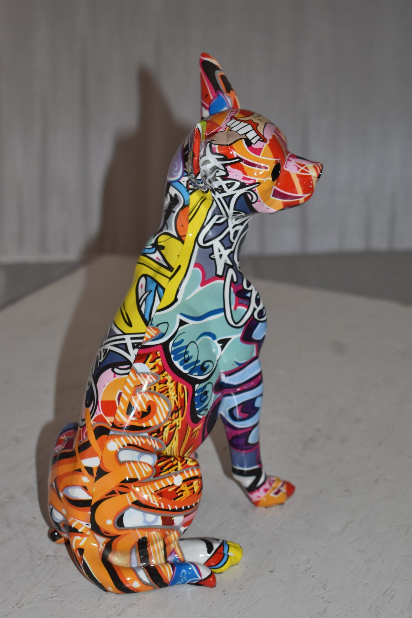 Modern Art Graffiti Sitting Chihuahua Statue Made of Resin Size: 8" x 5" x 10"H
