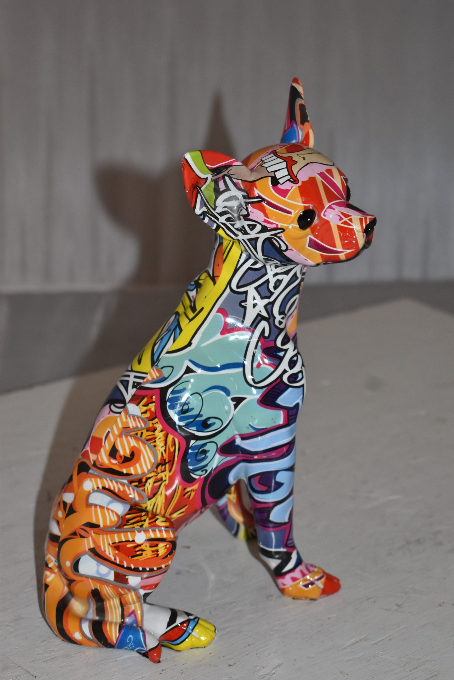 Modern Art Graffiti Sitting Chihuahua Statue Made of Resin Size: 8" x 5" x 10"H