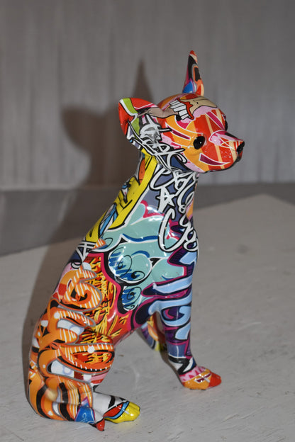 Modern Art Graffiti Sitting Chihuahua Statue Made of Resin Size: 8" x 5" x 10"H