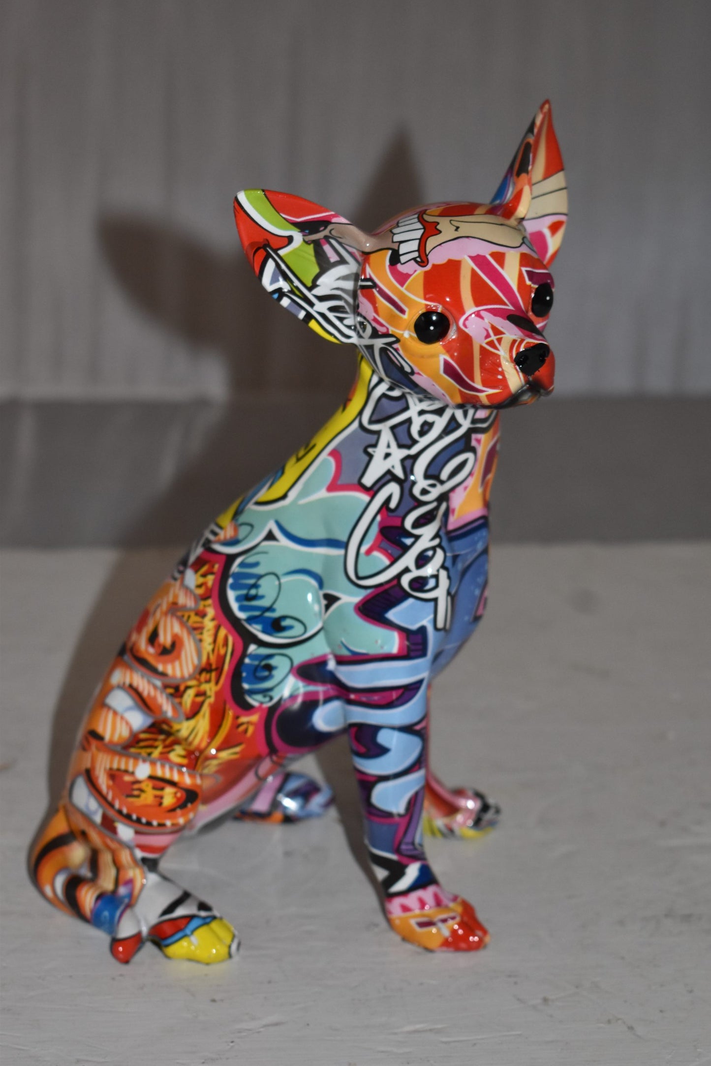 Modern Art Graffiti Sitting Chihuahua Statue Made of Resin Size: 8" x 5" x 10"H