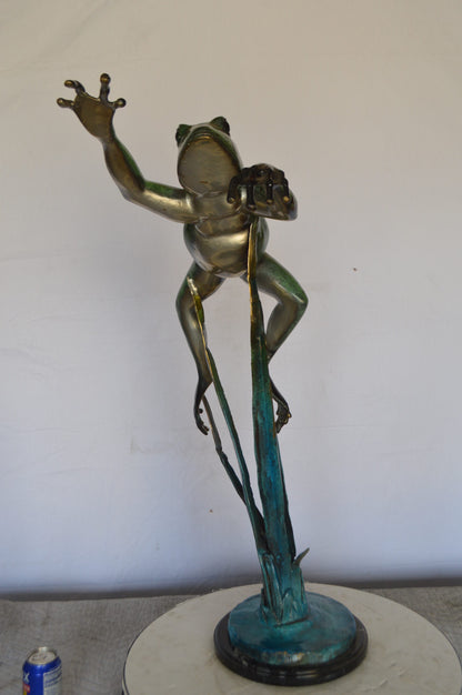 Large Frog Jumping Forward Bronze Statue on Marble -  Size: 25"L x 15"W x 36"H.