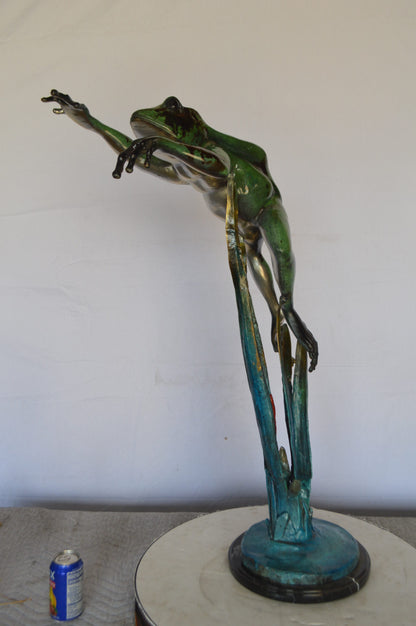 Large Frog Jumping Forward Bronze Statue on Marble -  Size: 25"L x 15"W x 36"H.
