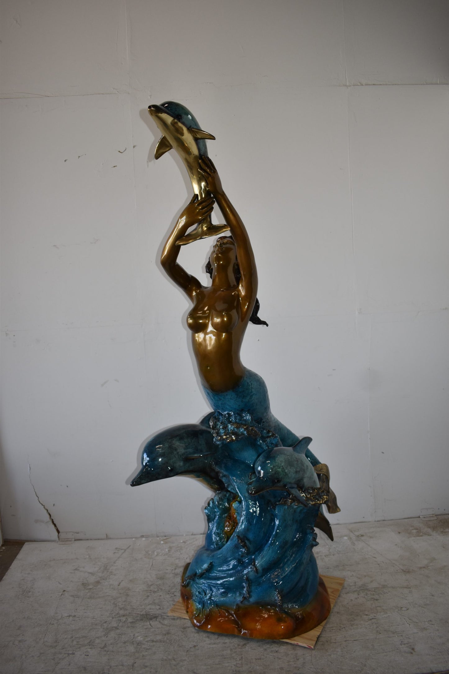 Mermaid W Three Dolphins Fountain Enameled Bronze Statue Size: 34" x 41" x 83"H